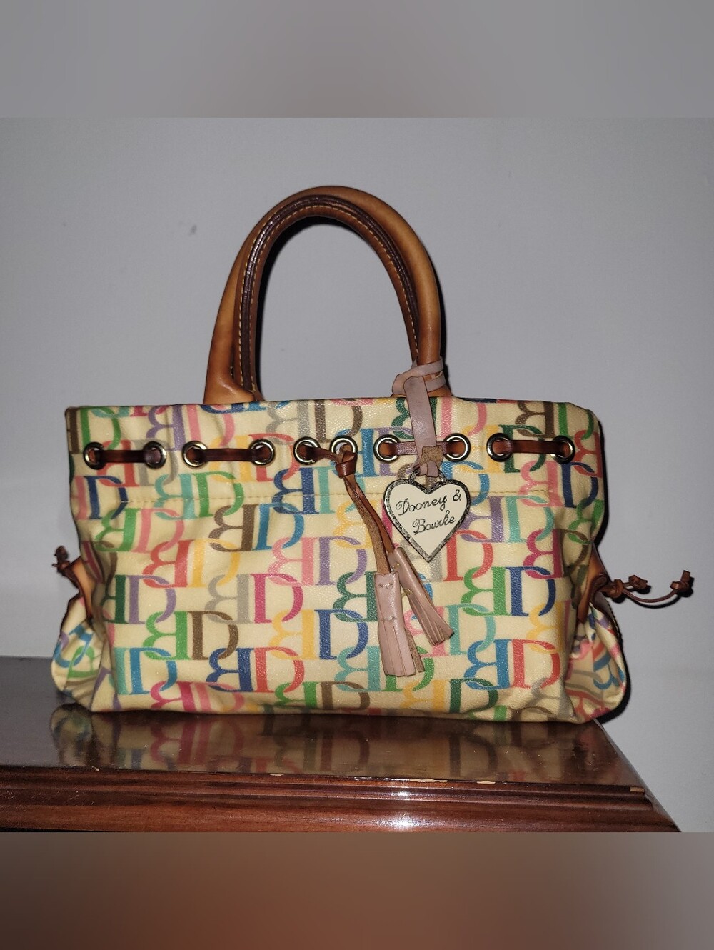 Dooney & Bourke Multicolor Logo Canvas Tote with Tan Leather Handles